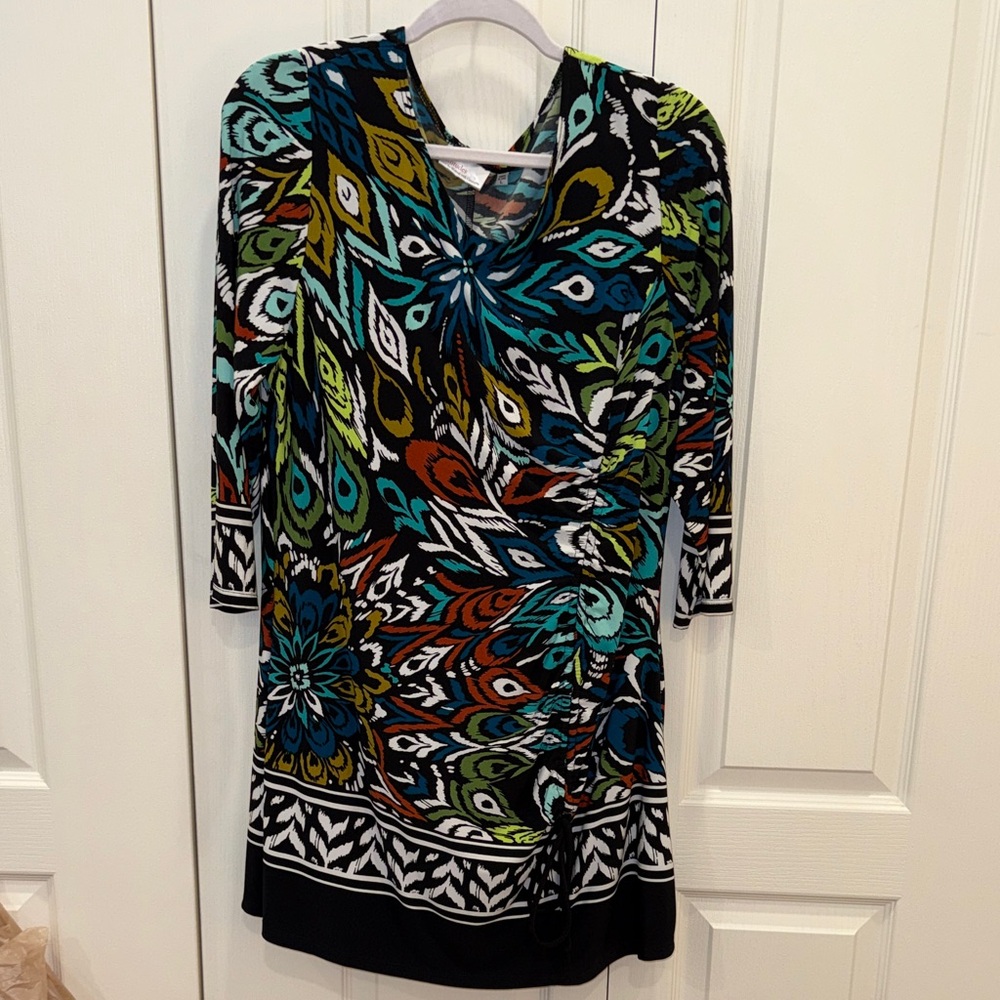 Attitudes by Renee Black Multi Floral-Peacock Print Long Sleeve Wrap Dress